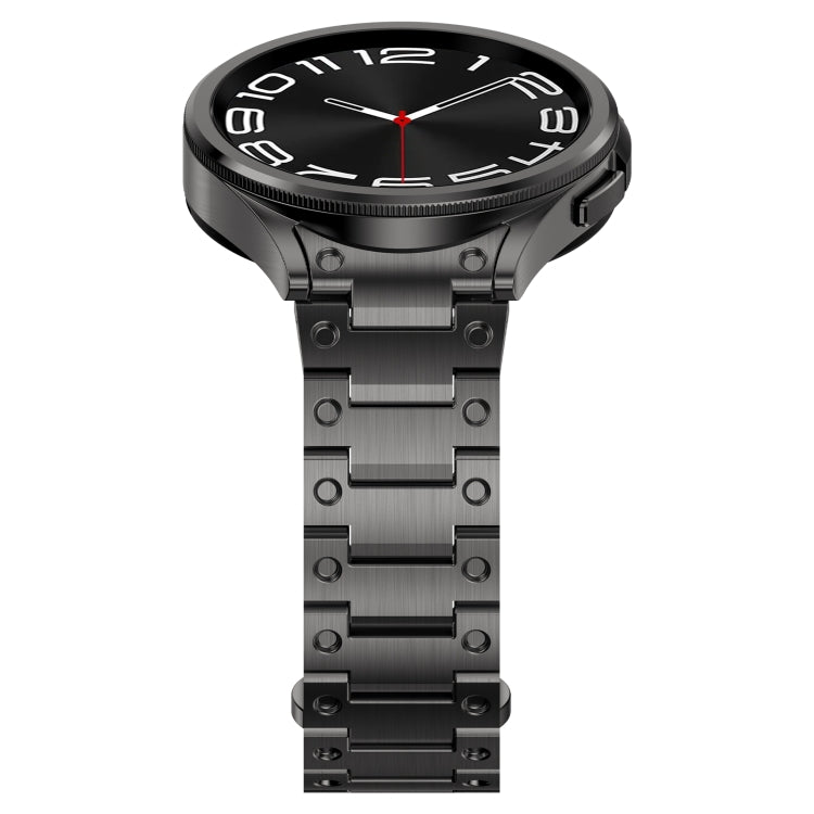 Stylish stainless steel strap for Samsung Galaxy Watch 6 in silver, black, and titanium gray colors, showcasing its butterfly snap design.